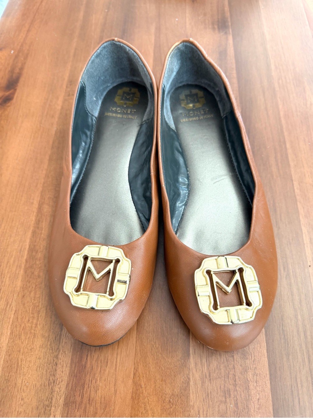Monet Shirley Brown Leather Ballet Flats Gold Logo Size 9 M